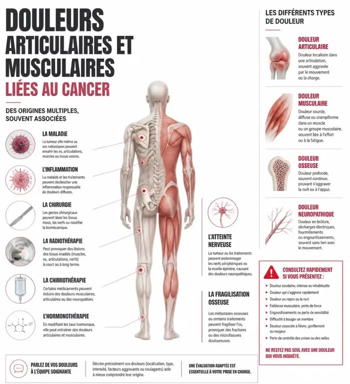 Infographie sur les douleurs articulaires et musculaires cancer, leurs causes et les signes d’alerte