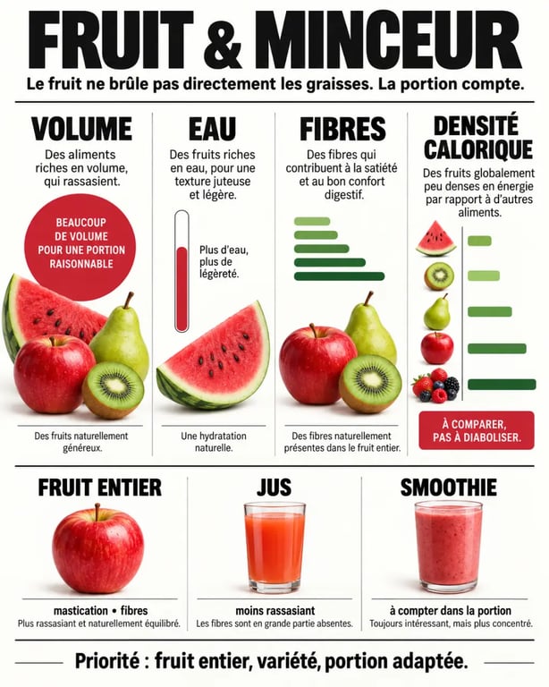 Infographie fruit maigrir : fruits rassasiants, portions, fibres, eau et différence entre fruit entier et jus