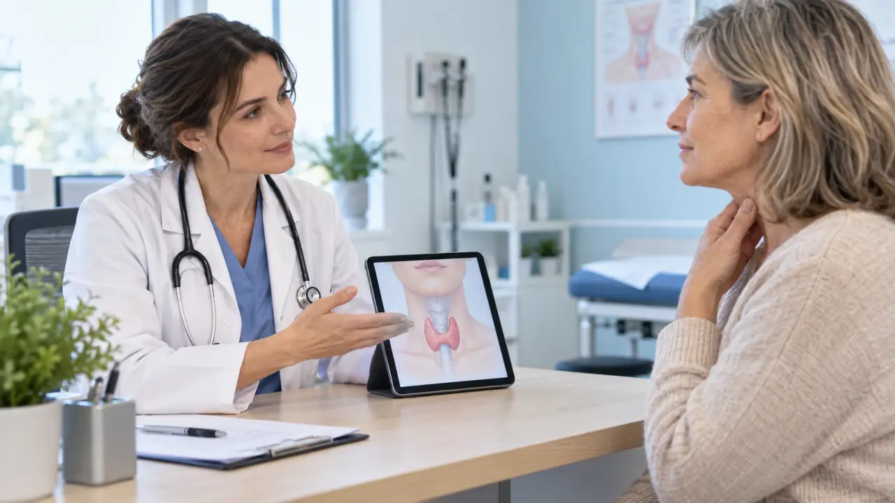 Professionnel de santé expliquant un bilan thyroïdien à une patiente