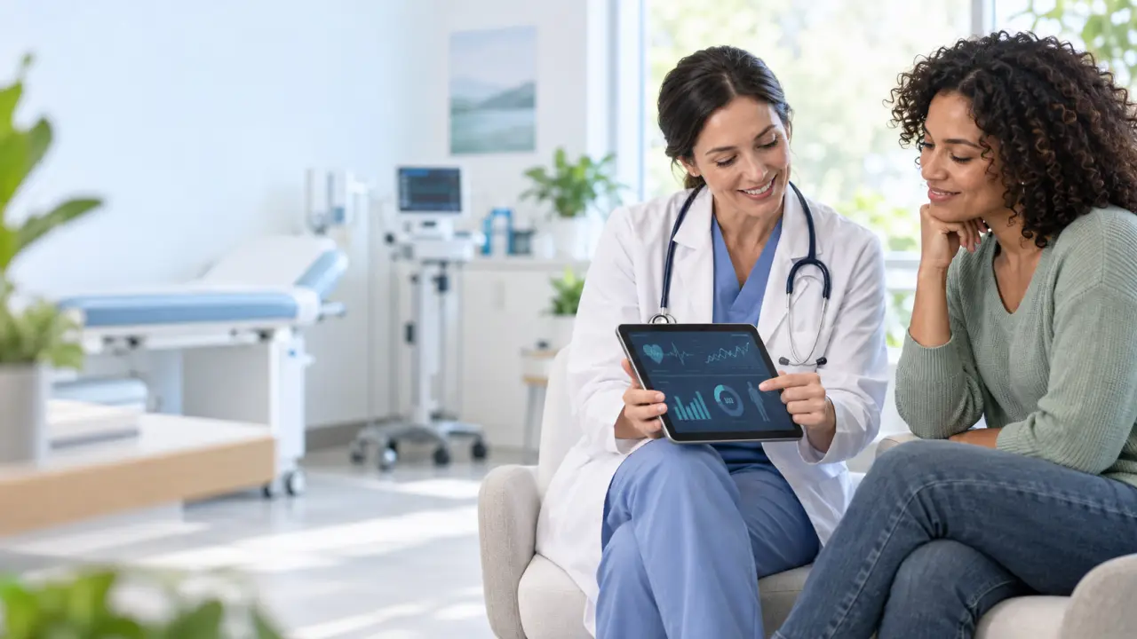 Médecin analysant des données de santé avec une patiente dans un cabinet moderne