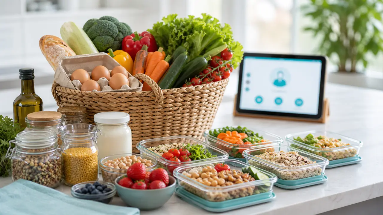 Plan de repas équilibrés et ingrédients frais sur une table lumineuse