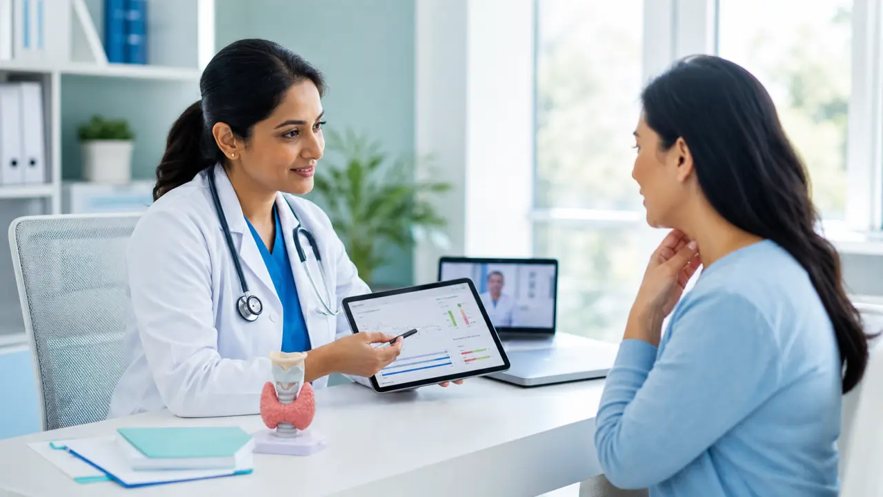 Équipe médicale dans une clinique moderne, échangeant autour d'une tablette dans une ambiance rassurante