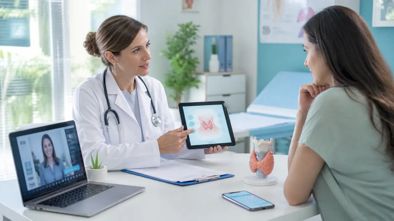 Illustration d'une consultation médicale moderne autour du diagnostic de l'hypothyroïdie