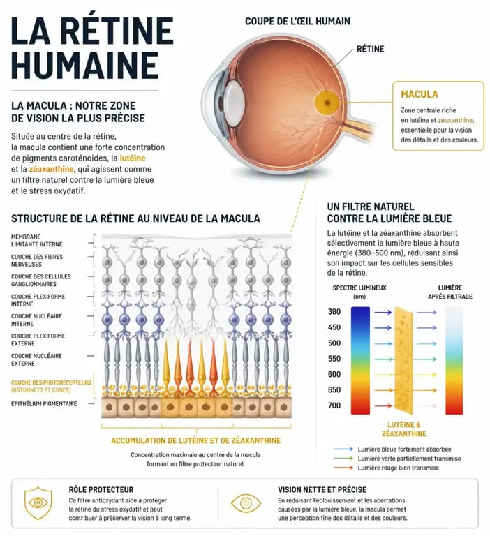 Infographie sur le rôle des pigments maculaires dans la prévention de la DMLA