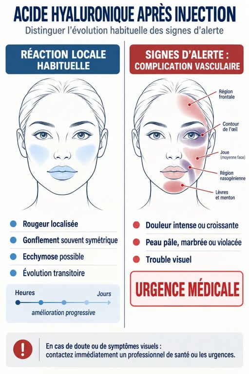 Infographie sur les effets secondaires de l’acide hyaluronique après injection et les signes d’alerte