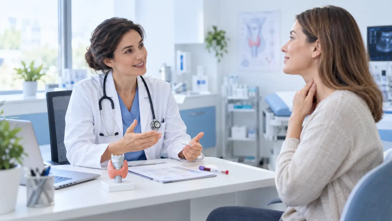 Professionnel de santé expliquant les résultats d'un bilan thyroïdien à une patiente