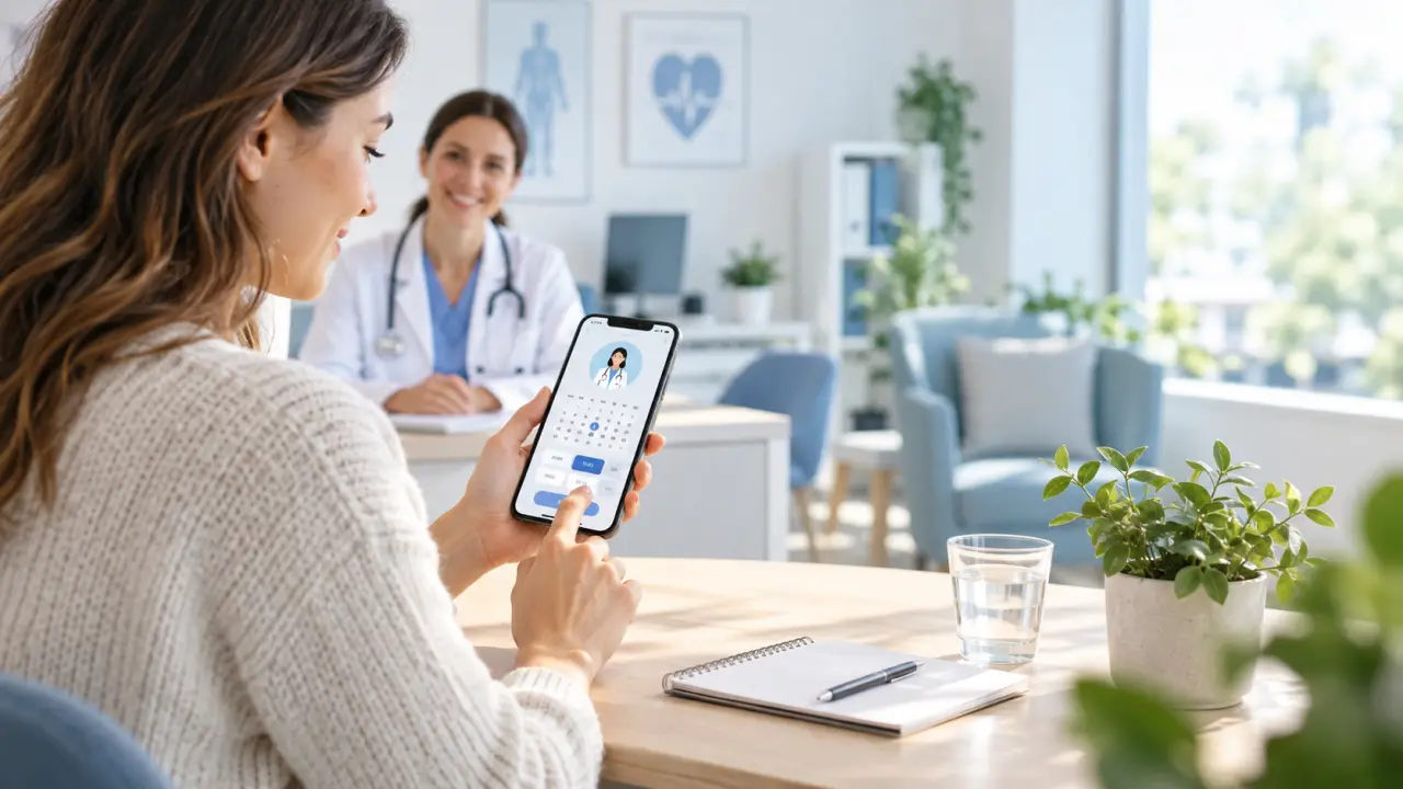 Patient réservant une consultation médicale en ligne avec l'aide d'un professionnel de santé