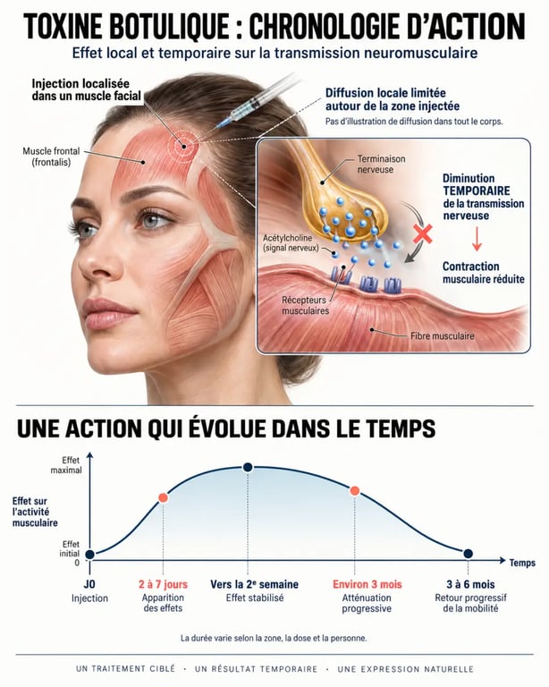 Infographie sur les effets secondaires du Botox à long terme et la réversibilité de l'action de la toxine botulique