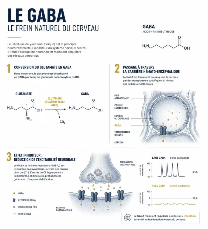 Schéma du fonctionnement du GABA complément alimentaire sur le système nerveux