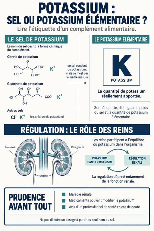 Complément alimentaire potassium : différence entre sels de potassium et potassium élémentaire