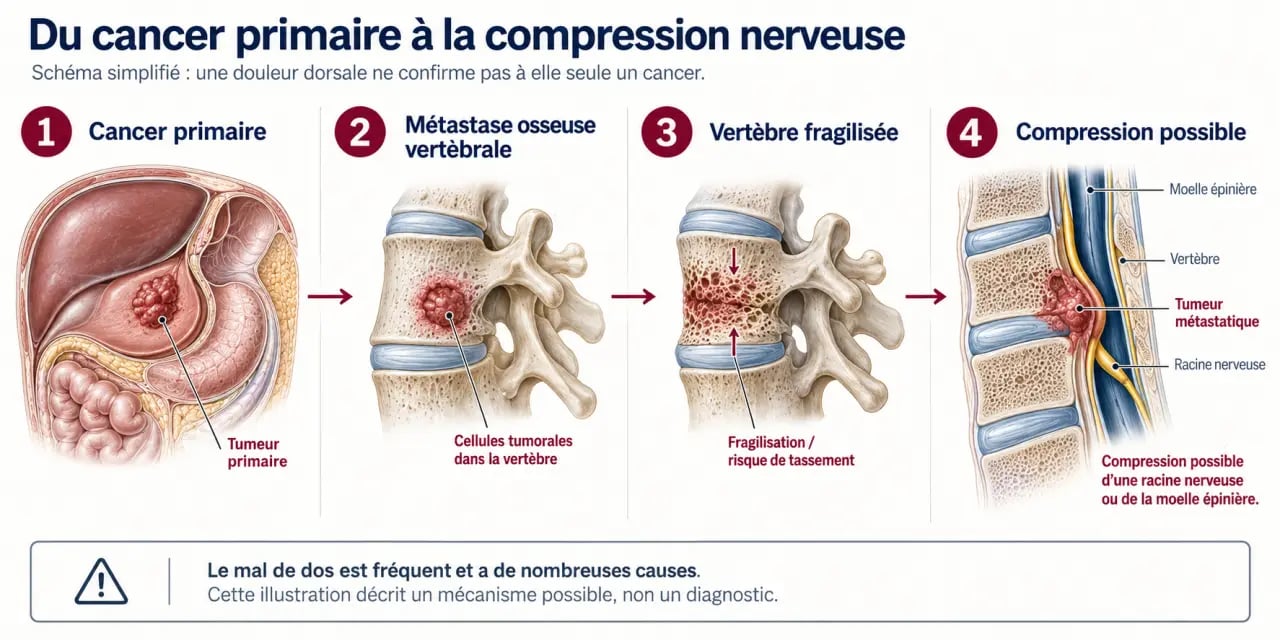 Mal de dos cancer symptôme : schéma du lien entre cancer primaire, métastase vertébrale et compression nerveuse