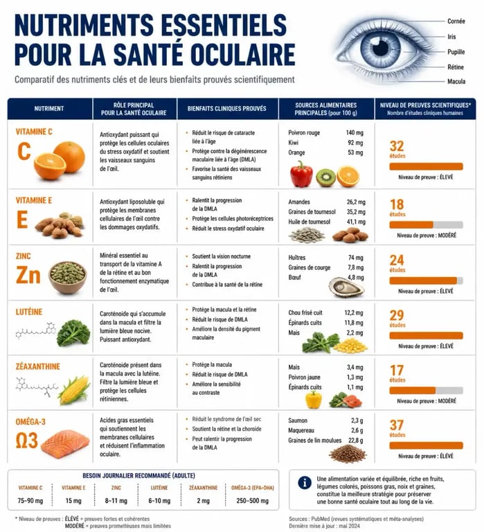 Schéma des nutriments clés pour la santé oculaire et la prévention de la DMLA